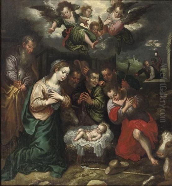 The Adoration Of The Shepherds With The Annunciation To The Shepherds Beyond by Hendrick Goltzius