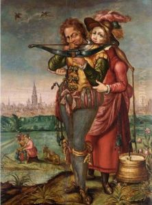 A Crossbowman And A Maid In A Landscape Before A Town