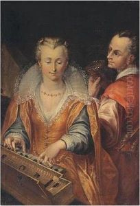 The Sense Of Hearing - Interior With A Woman And Man Playing Music by Hendrick Goltzius