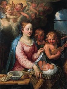The Virgin And Child With 
Music-making Angels And The Annunciationto The Shepherds Beyond