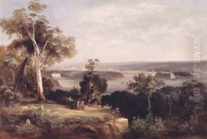 Wooded landscape with a distant view of Sydney