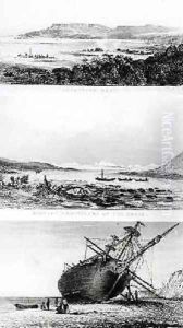 Scenes of the Beagle being repaired on the distant cordillera of the Andes and laid ashore on the Santa Cruz River