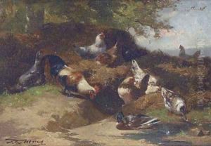 Cockerels and mallards on a sheltered bank by Eugene Remy Maes