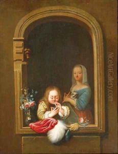 A boy in a window blowing bubbles, a girl with a dog in her arms behind