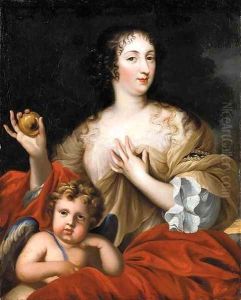 Portrait of a lady as Venus, three-quarter-length, seated, in a white dress with a red mantle, holding a golden apple, with Cupid beside her