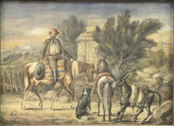 Man On A Horse With A Donkey And A Dog - view 1