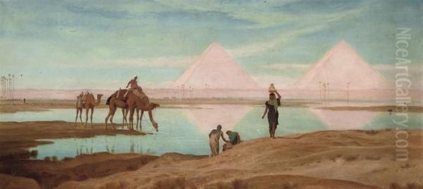 Watering Camels On The Nile, The Pyramids Beyond - view 1