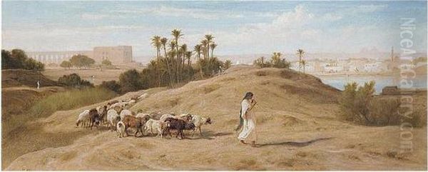 A Shepherdess And Sheep By The Nile At Cairo - view 1