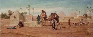 Travellers At A Roadside Well, The Pyramids Beyond