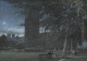 Figures Beneath The Palace Of Westminster At Dusk