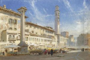 The Flower Market In The Piazza Delle Erbe, Verona, Italy by Albert Goodwin
