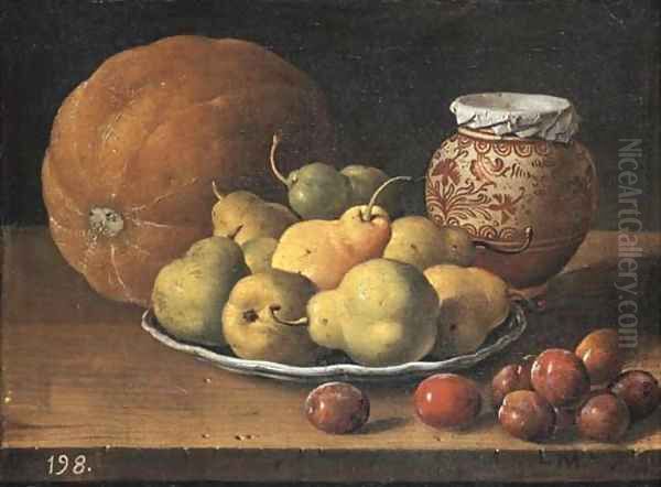 Pears on a plate, a melon, plums, and a decorated Manises jar with plums on a wooden ledge - view 1