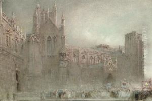 A Procession By The North Porch Of Wells Cathedral, Somerset by Albert Goodwin