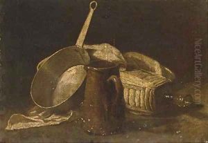 A jug, a saucepan and a glass bottle on a partly draped table