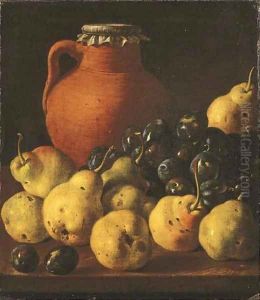 An earthenware pitcher with pears and plums on a wooden table ledge