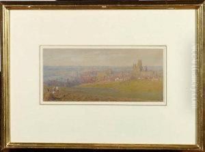 Durham City With Harvesters In The Fields In The Foreground by Albert Goodwin
