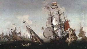 The Eendracht and other shipping off a Dutch port by Hendrik van Minderhout