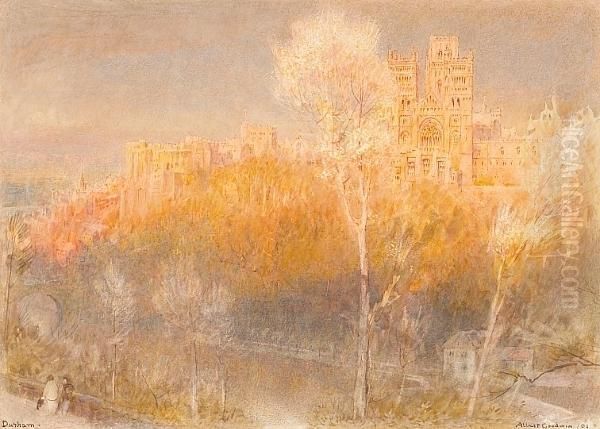 A View Of Durham Cathedral With Two Figures In The Foreground by Albert Goodwin