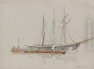 A Barge Abreast Of An Anchored Trading Vessel by Albert Goodwin
