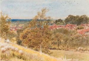 Glastonbury, Sheep Grazing On A Hillside In The Foreground,somerset by Albert Goodwin
