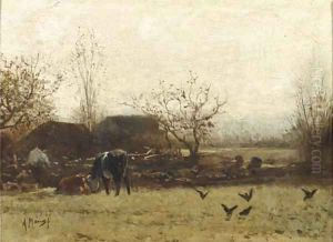 Cows grazing near a farm by Anton Mauve
