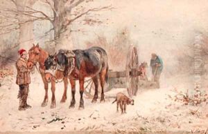 A wooded winter landscape with foresters and a Mallejan by Anton Mauve