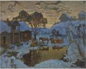 Winter Village At Dusk by Konstantin Ivanovich Gorbatov