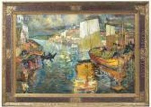 Sailing-ships And Rowboats In The Harbour Of A Russian Town Sailing-ships And Rowboats In The Harbour Of A Russian Town