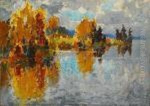 A River Landscape In Autumn by Konstantin Ivanovich Gorbatov