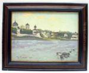Riverscape With View Of Town by Konstantin Ivanovich Gorbatov