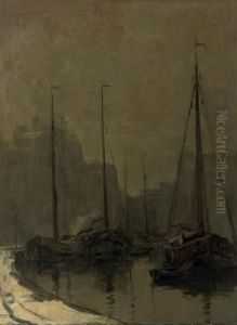 Moored Vessels Along A Quay In Winter by Arnold Marc Gorter