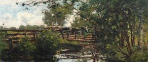 River Landscape With Cattle Crossing A Bridge by Arnold Marc Gorter