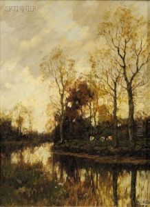 Landscape With Cows By A River At Twilight by Arnold Marc Gorter
