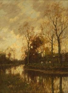 Autumnal Landscape With Cows By A Riverbank by Arnold Marc Gorter