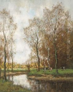 Cows Grazing By A Stream In A Wooded Landscape by Arnold Marc Gorter