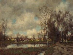 A Landscape With Birchtrees And Cows In A Sunlit Meadow