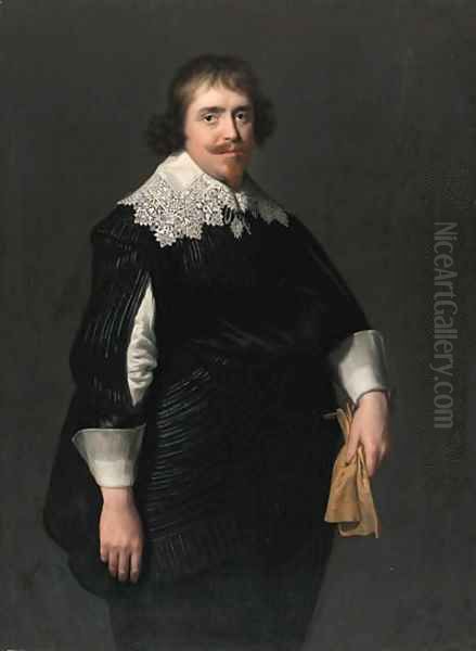 Portrait of a gentleman, three-quarter-length, in a black doublet with slashed sleeves, black hose and sash, his gloves in his left hand - view 1