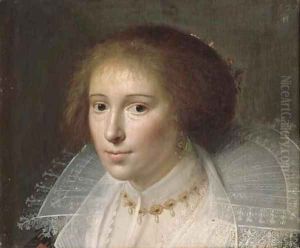 Portrait of a lady, bust-length, in a white dress with lace collar and a gold and pearl necklace