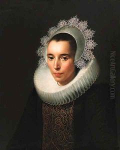Portrait of a lady, half-length, in a black dress with a gold-embroidered black stomacher, in a ruff and lace headdress