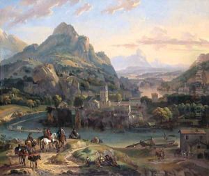 A Rhenish landscape with horsemen and peasants on a path by a river, a village and mountains beyond by Dirck Maas