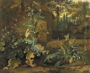 Frogs, butterflies and snails amid undergrowth near a wall, an Italianate garden beyond
