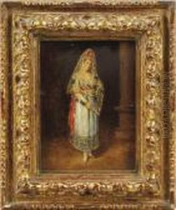 Portrait Of A Lady, Full Length,
 Wearing A Silk Mantilla With Apeineta, Holding A Fan, Standing Beside A
 Column. by Francisco Goya Fuendetodos