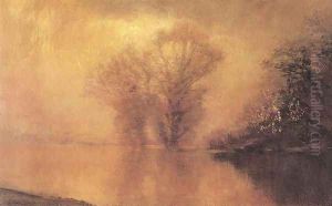 Waterside Scene in Luminescent Haze by Laszlo Mednyanszky