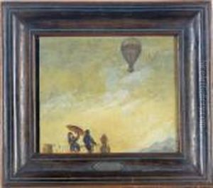 Figures On A Balcony Watching A Hot Air Balloon