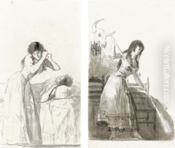 Recto: A Young Woman Arranging 
Her Hair Beside A Bed On Which Another Woman Is Resting; Verso: A Young
 Woman Sweeping In A Tavern - view 1
