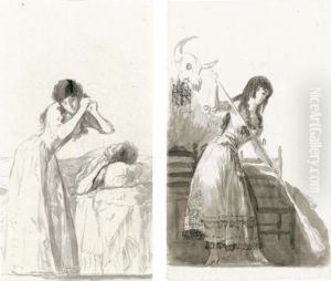 Recto: A Young Woman Arranging
Her Hair Beside A Bed On Which Another Woman Is Resting; Verso: A Young
Woman Sweeping In A Tavern by Francisco Goya Fuendetodos