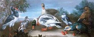 A Landscape with Parrots Ducks and Pigeons by Jean-Baptiste Monnoyer