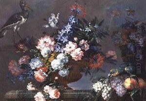 A Still Life of Fruit and Flowers with Birds by Jean-Baptiste Monnoyer