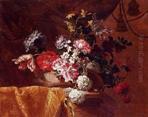 Still Life Of Hydrangeas, Convolvuli, Peonies And Other Flowers In An Urn On A Draped Stone Ledge by Jean-Baptiste Monnoyer