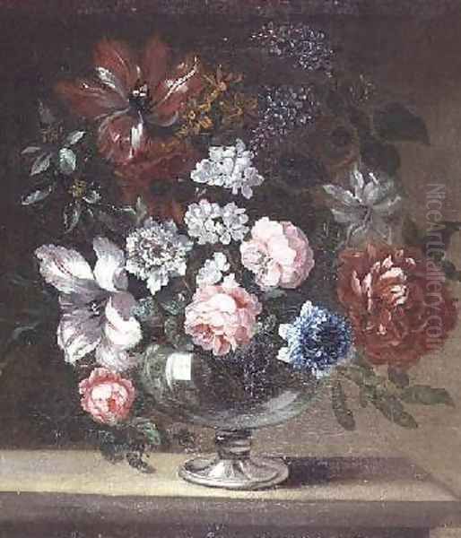 Roses tulips and other flowers in a vase - view 1